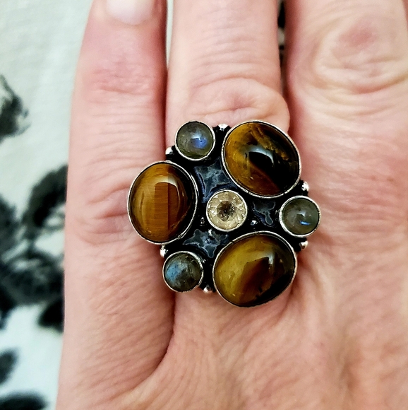 New Tiger Eye, Labradorite and Morganite 925 Silver Ring. - Picture 2 of 10
